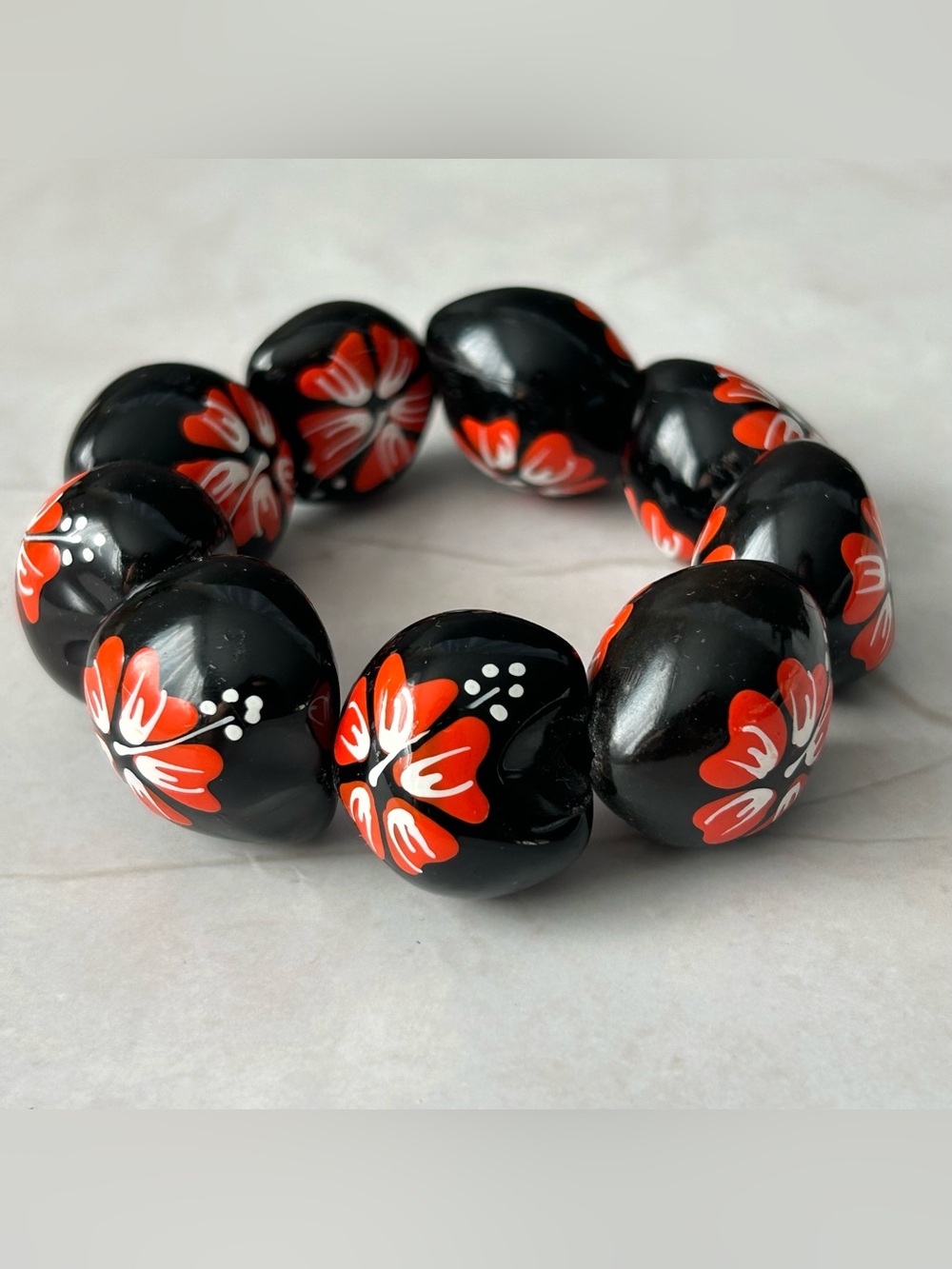 Hand-Painted Black & Red Flower Statement Bracelet